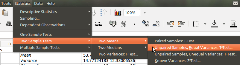 How to Use Gnumeric in Comparing Two Groups of Data 1 menu for t-test