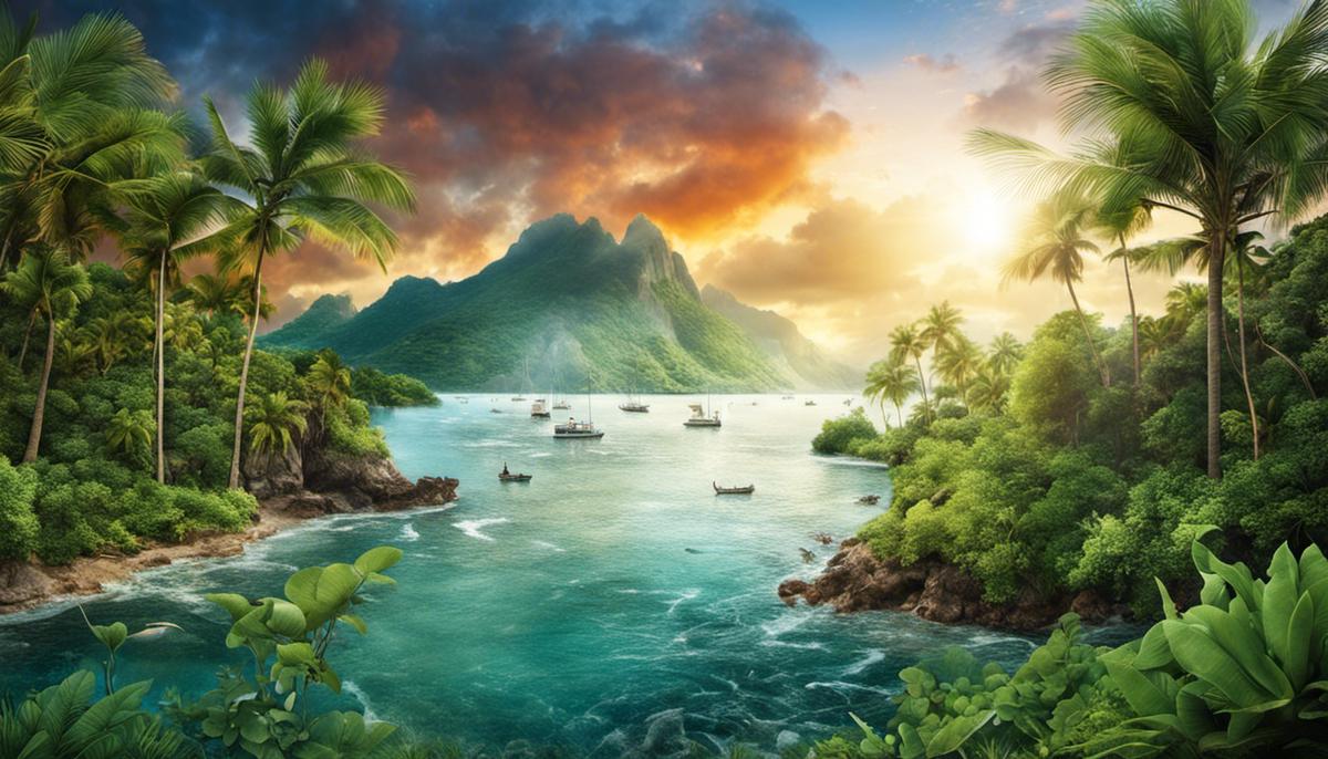 Image depicting the effects of climate change in tropical regions with increased temperatures and melting ice caps causing rising sea levels and endangering wildlife habitats.