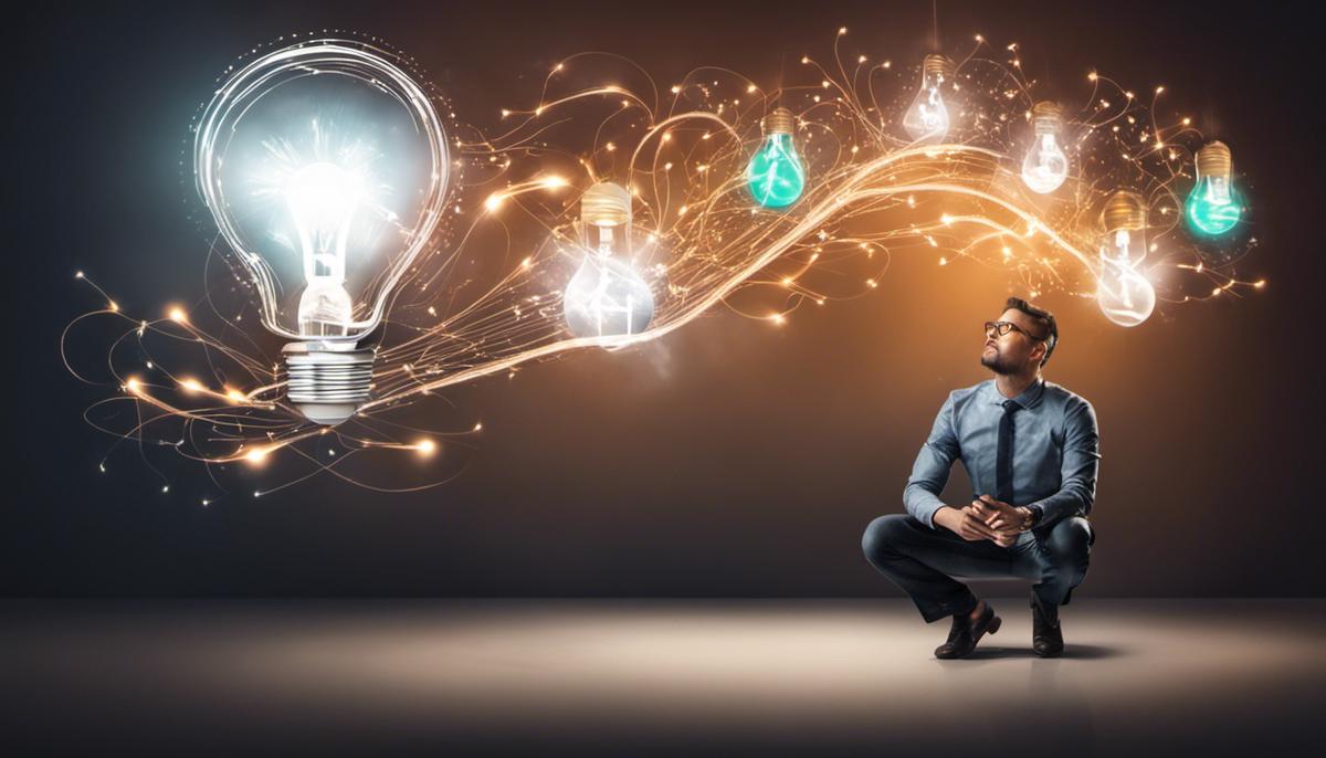 Qualitative Study Design: A Comprehensive Guide 3 Image depicting a person brainstorming and conceptualizing an idea with arrows and lightbulbs for visimpaired users.